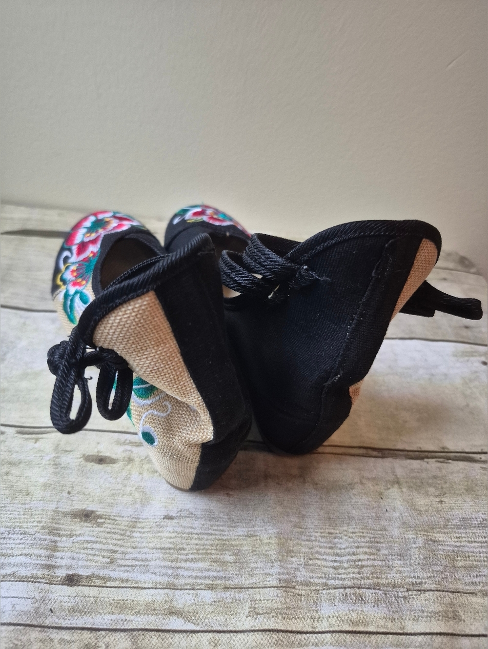 Black Embroidered Floral Ankle-Tie Wedges - Picture 14 of 14